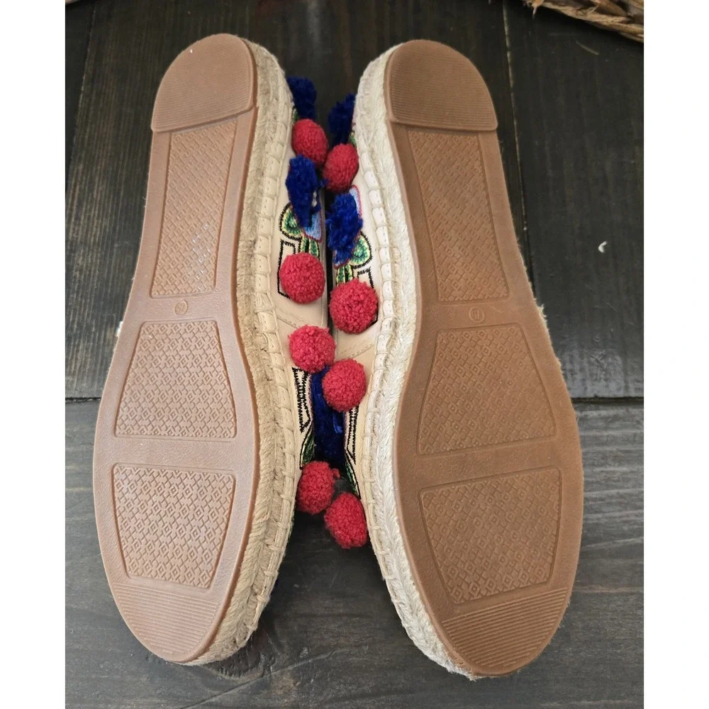 TORY BURCH Ellis‎ Pom-pom Embroidered Leather Textile Espadrille Flats 7.5 Shoes